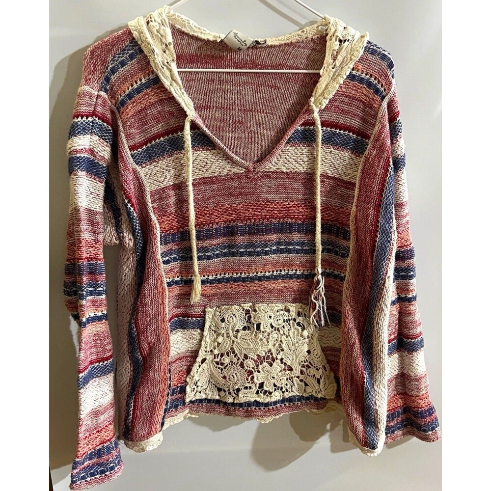 American Rag Boho Womens M Multicolor Striped Knit V-Neck Hood Lace Sweater